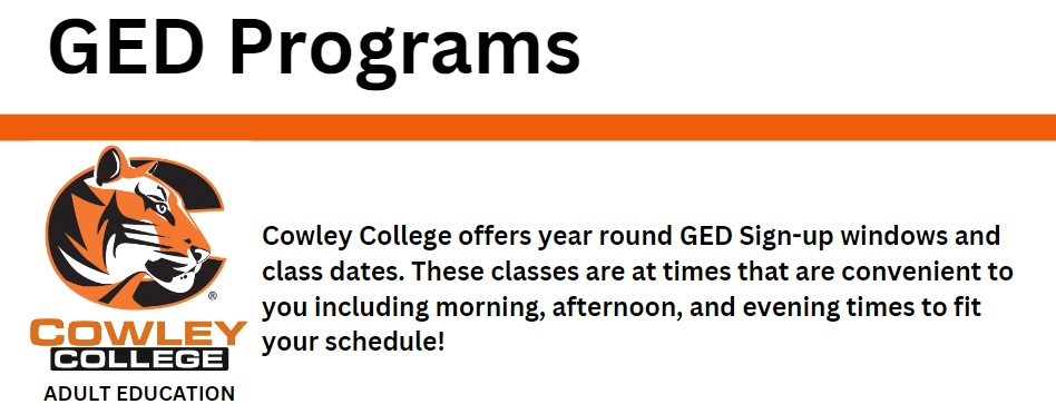 Cowley College adult education, offers year round GED Sign-up windows and class dates